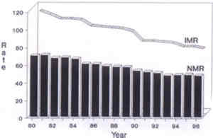 Fig. 13. A mixed 3D bar and line diagram showing neonatal mortality rates (NMR) and infant mortality rates (IMR) for the years 1980 to 1996. 